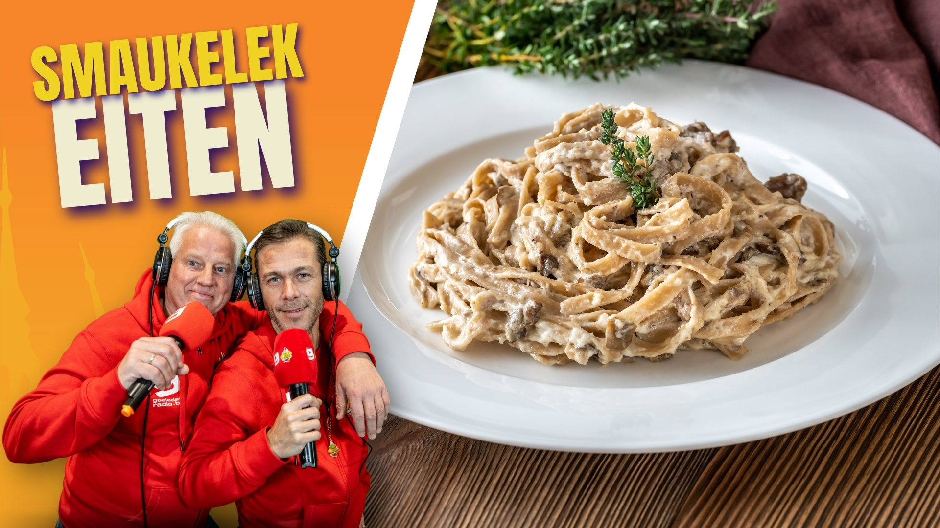 Taglatelli me spekblokskes en chamipignons in roomsaas